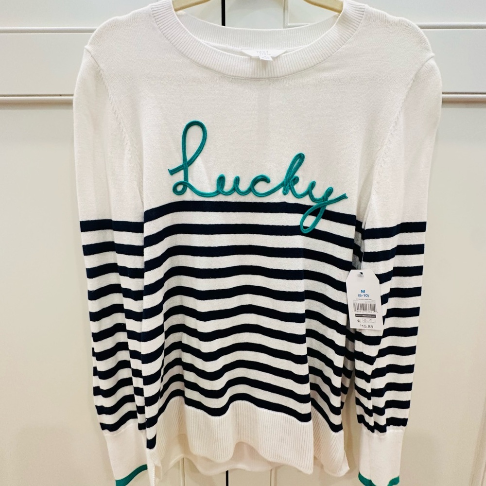 Time and Tru Cream St. Patrick’s Day Irish ☘️ Sweater with Teal Detail